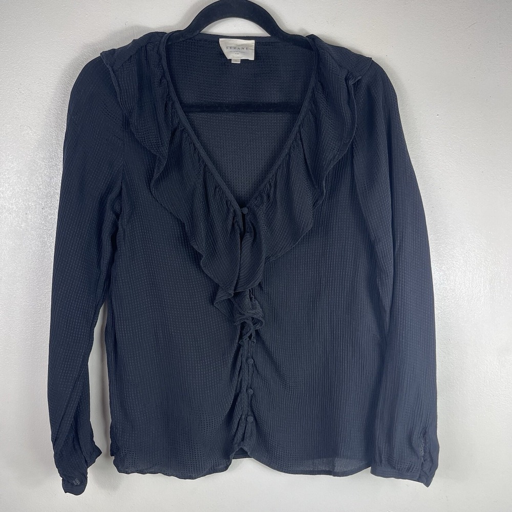 Sezane 100% Silk Ruffle Front Luce Blouse Top 34‎ (US 2) Black Long Sleeve
